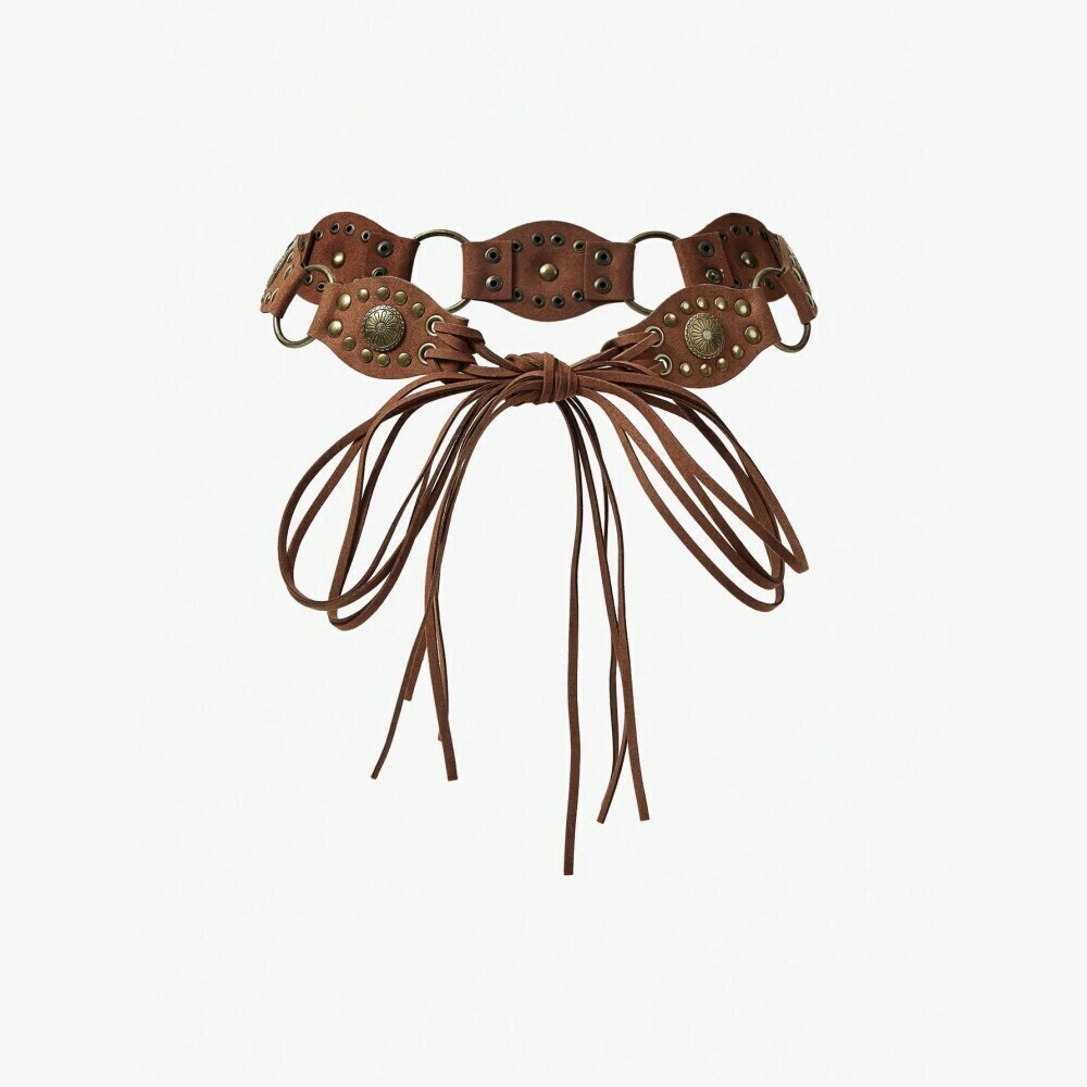 Brown Studded Concho Belt with Fringe Tie Front